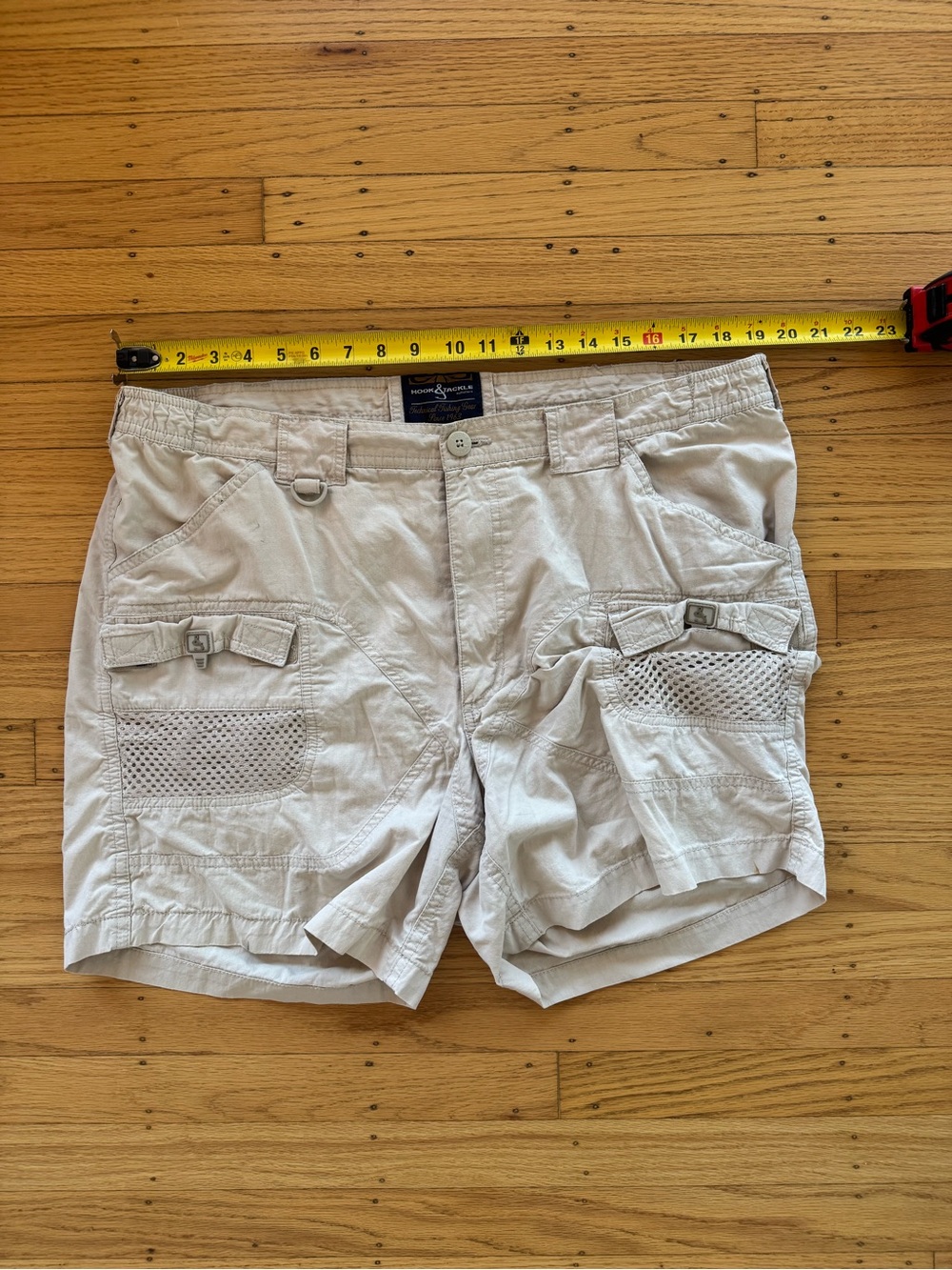 Hook & Tackle Beer Can Island Cargo Shorts Mens 38 Beige Canvas Fishing Outdoor